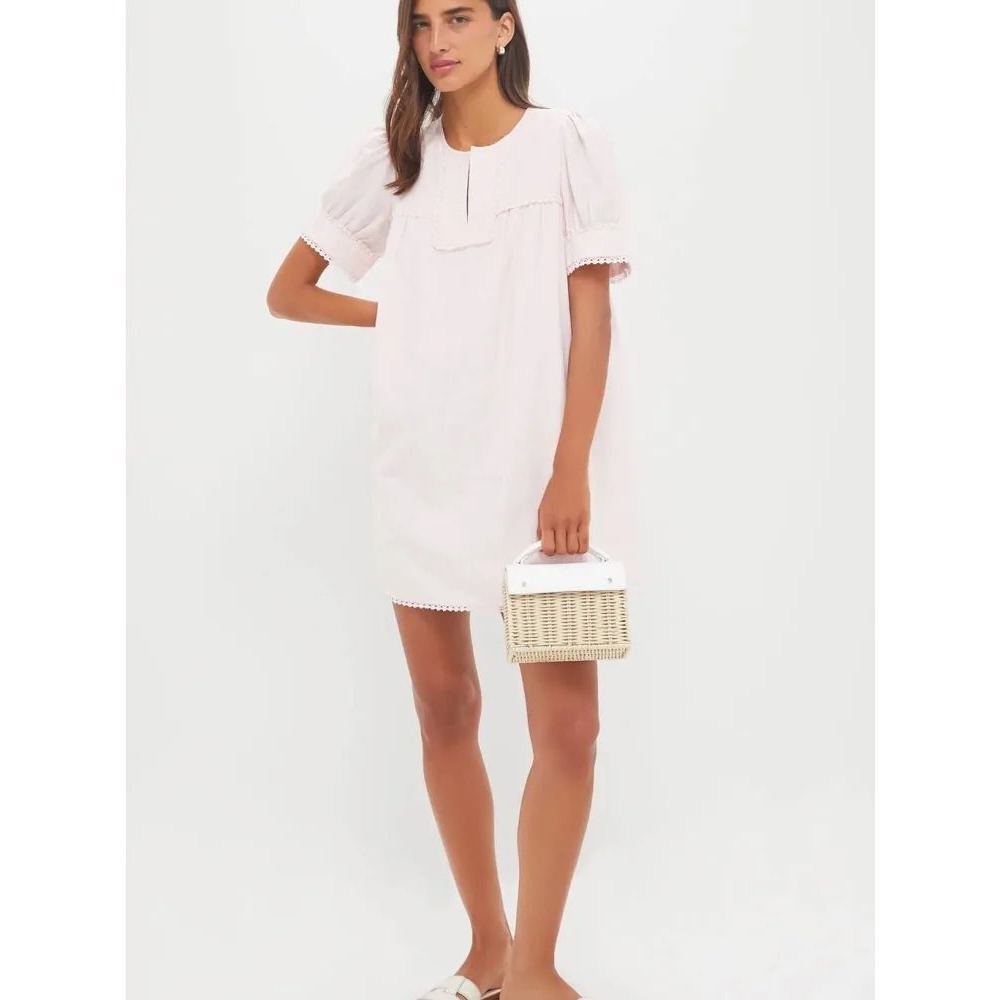 Tuckernuck Light Pink Stripe Bridget Dress Linen Blend Mini Lace Trim M
